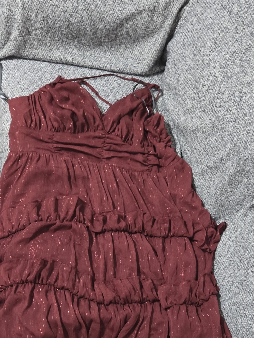 ARULA Burgundy Spaghetti-Strap Tiered Maxi Dress with Shimmer